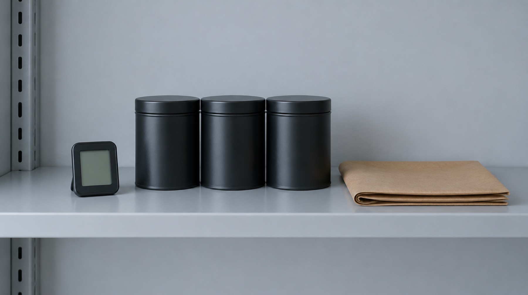 A small digital hygrometer beside three closed matte black tins and a folded sheet of kraft paper on a grey shelf