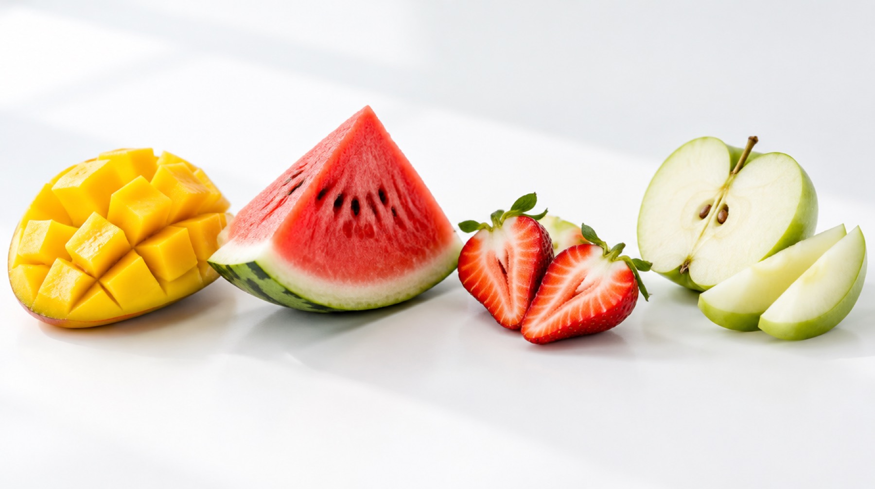 A halved mango, a wedge of watermelon, halved strawberries and a sliced green apple in a row on a white tabletop